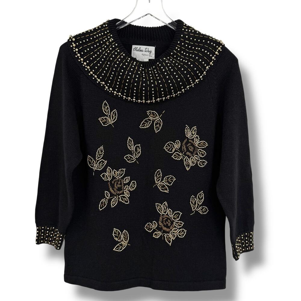 VTG Chelsea Way sweater L cowlneck pullover beaded floral embellished black gold